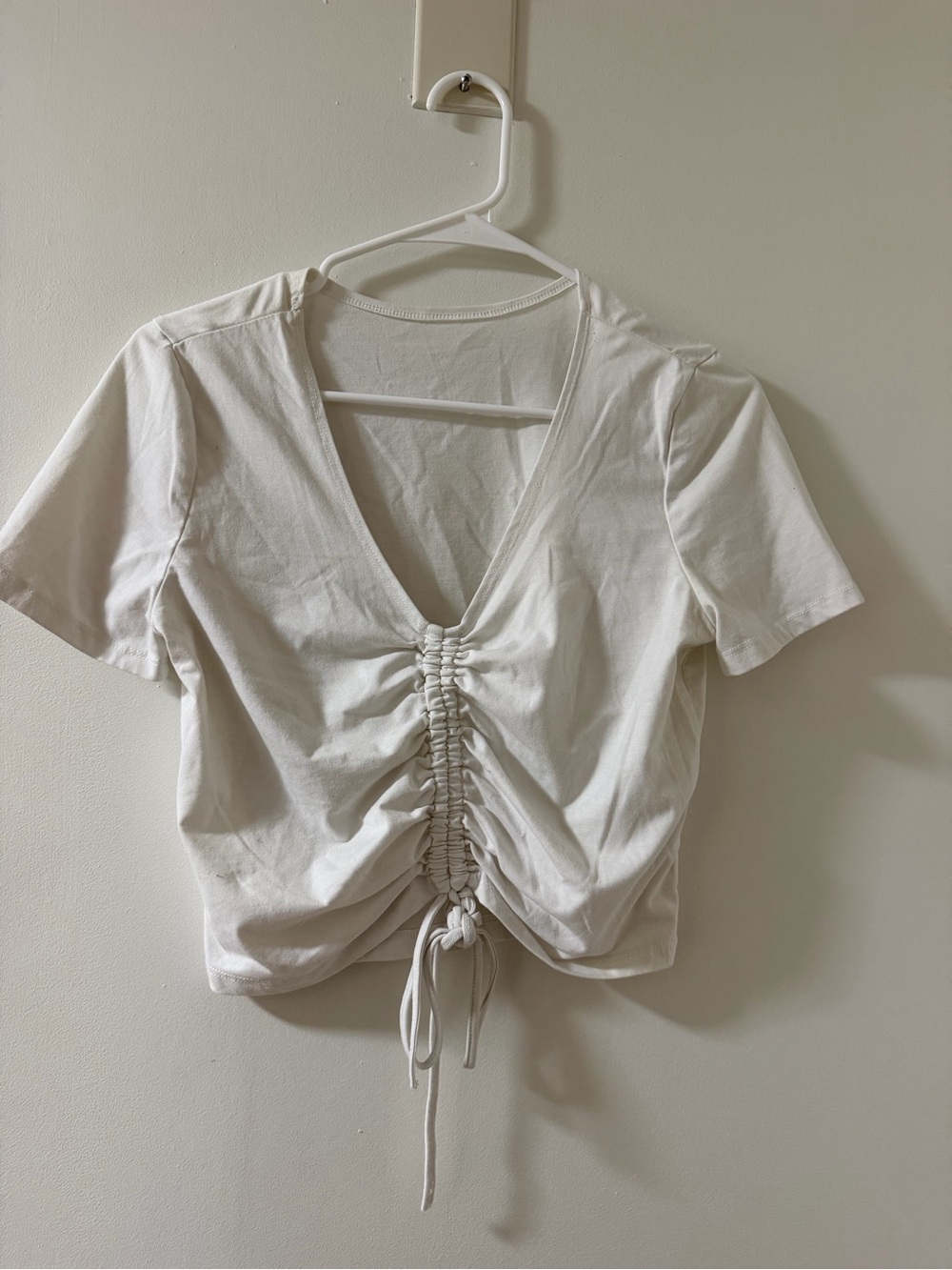 SHEIN White Ruched Drawstring V-Neck Crop Top